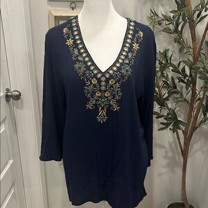 Soft Surroundings Navy Tunic with Gold Embroidery